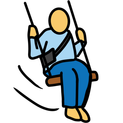 a yellow figure, wearing an AAC device, a light blue long-sleeved tshirt, and blue trousers, swinging on a simple swing. the swing has motion lines.